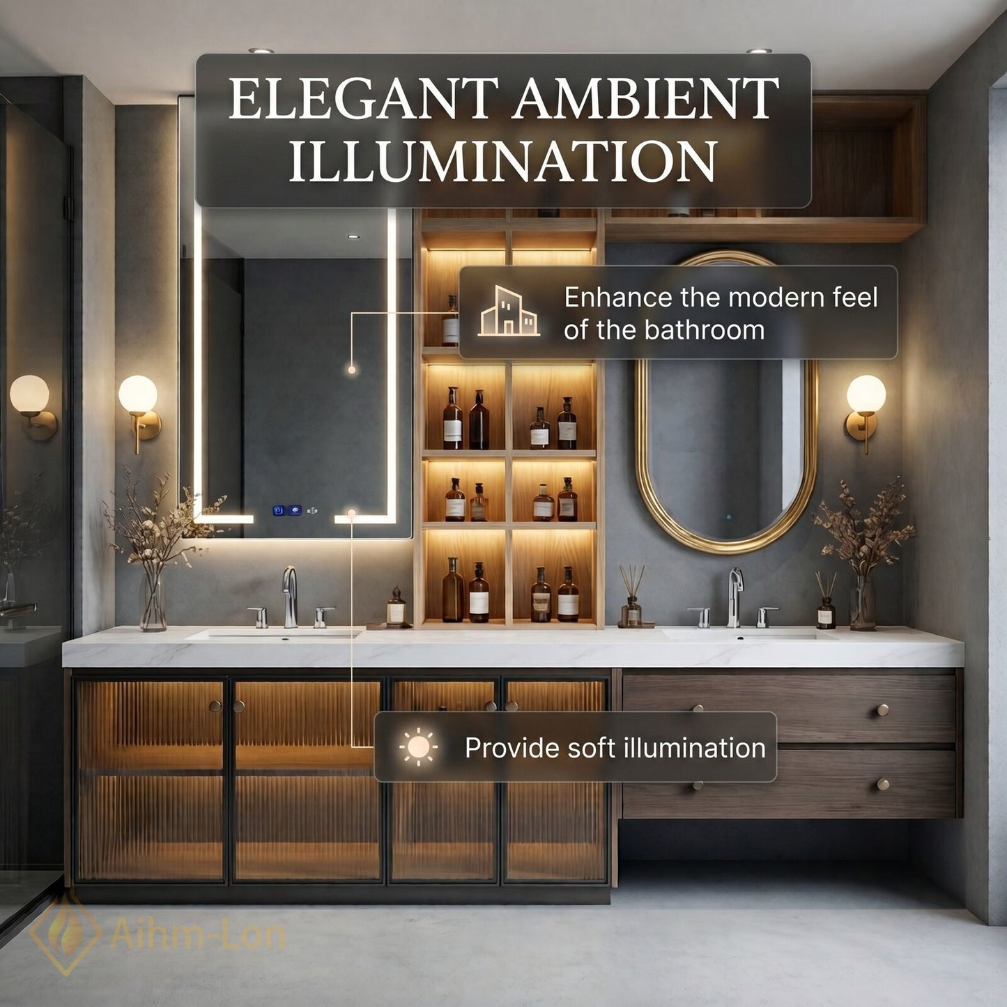 60''-96'' Double Bathroom Vanity with Sink Textured Glass White Marble-Effect Wall Shelves Cabinet