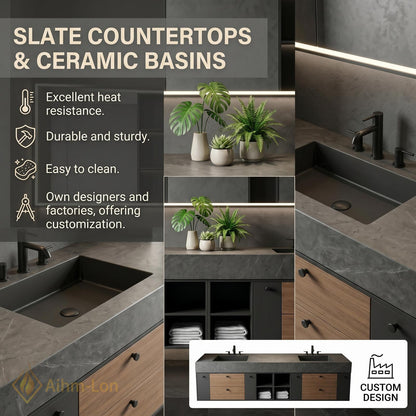 76''-96'' Modern Double Bathroom Vanity with Sink Floating Dark Stone Open Shelving