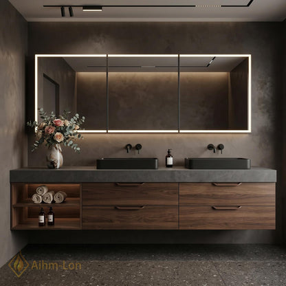 60''-96'' Double Bathroom Vanity with Sink Modern Floating Walnut Finish Slatted Panel