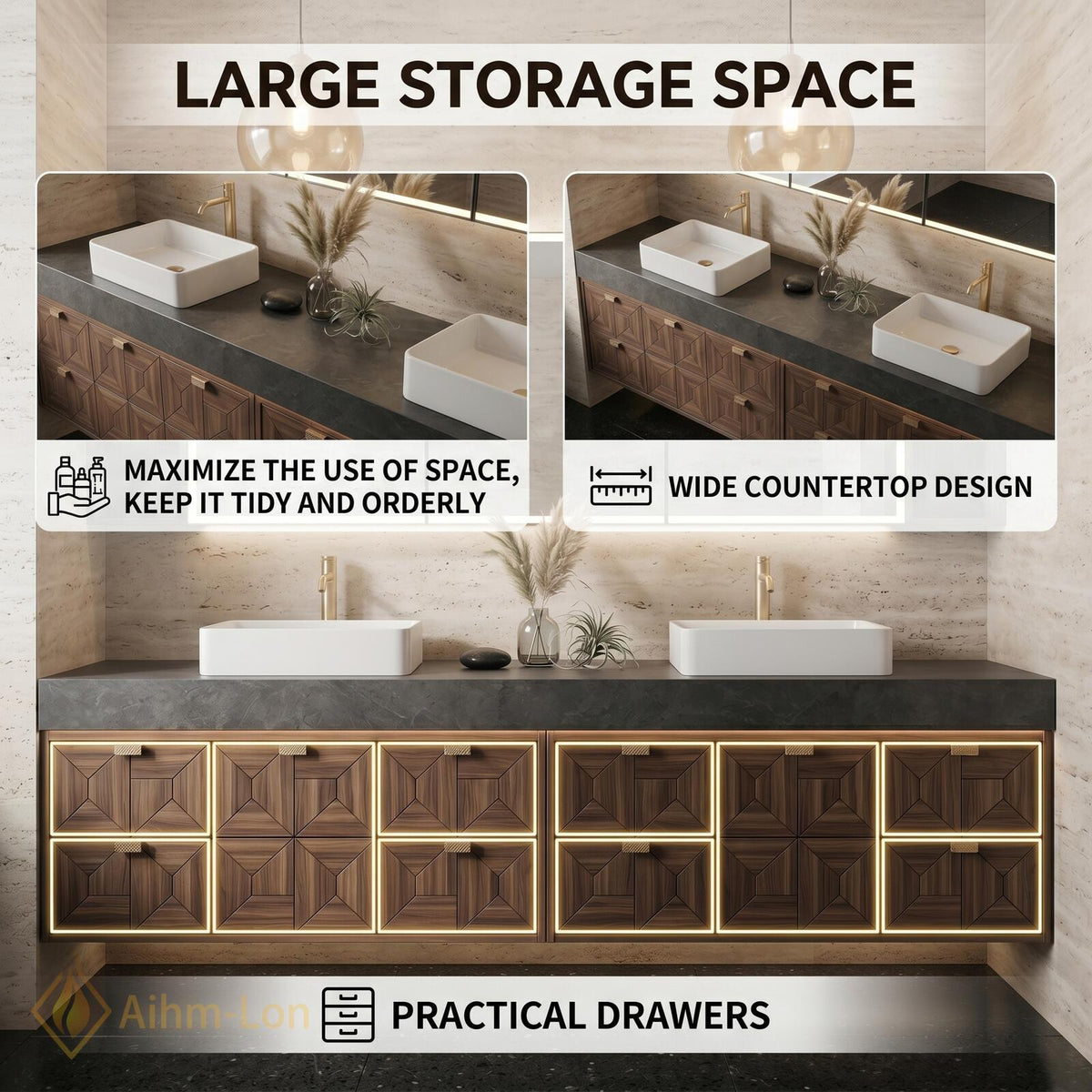 60''-96'' Double Bathroom Vanity with Sink Modern Floating Geometric Walnut Doors Side