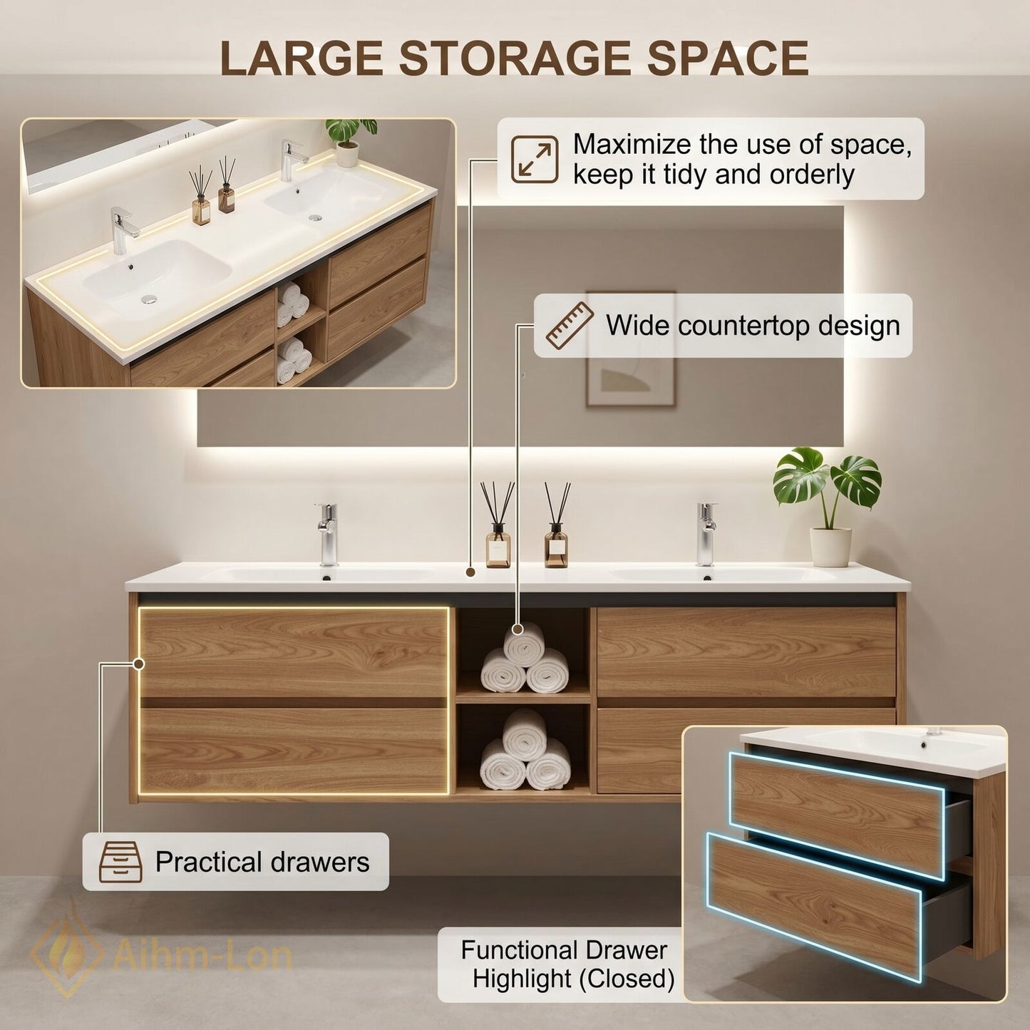 60''-96'' Floating Bathroom Vanity with Sink Double Sink Wood Grain Open Center Cabinet