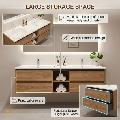 60''-96'' Floating Bathroom Vanity with Sink Double Sink Wood Grain Open Center Cabinet