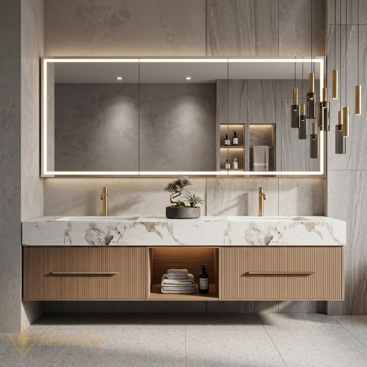 60''-96'' Double Bathroom Vanity with Sink Wood Modern Floating Open Panel Shelving