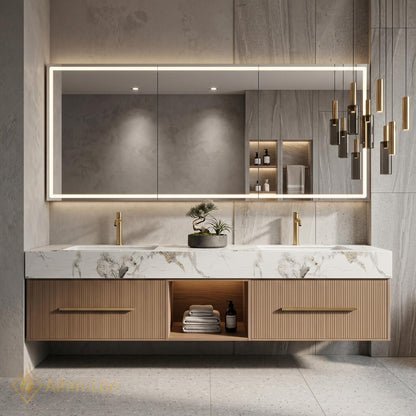 60''-96'' Double Bathroom Vanity with Sink Wood Modern Floating Open Panel Shelving