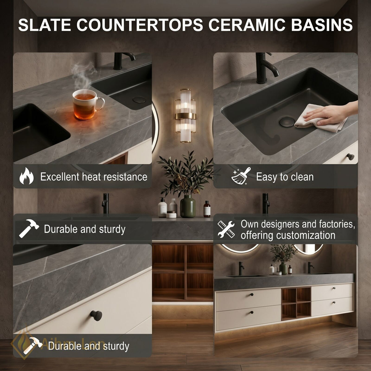 60''-96'' Double Bathroom Vanity with Sink Dark Grey Stone Drawer Cabinet Layout