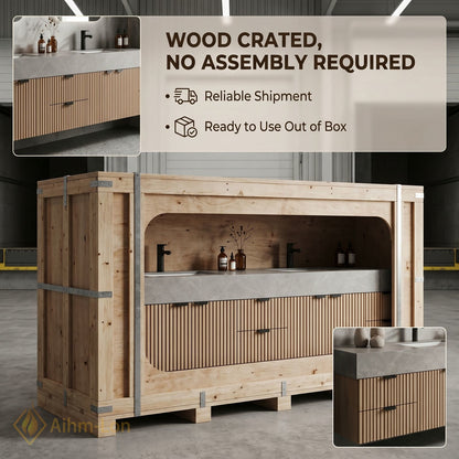 60''-96'' Double Bathroom Vanity with Sink Slatted Wood Front Stone Top Storage