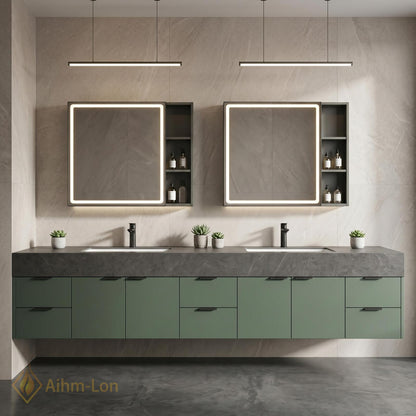 60''-96'' Double Bathroom Vanity with Sink Geometric Tile Front Green Marble Top