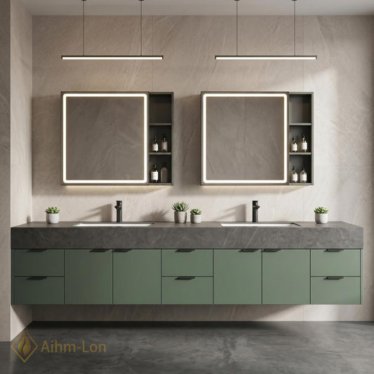 60''-96'' Double Bathroom Vanity with Sink Geometric Tile Front Green Marble Top