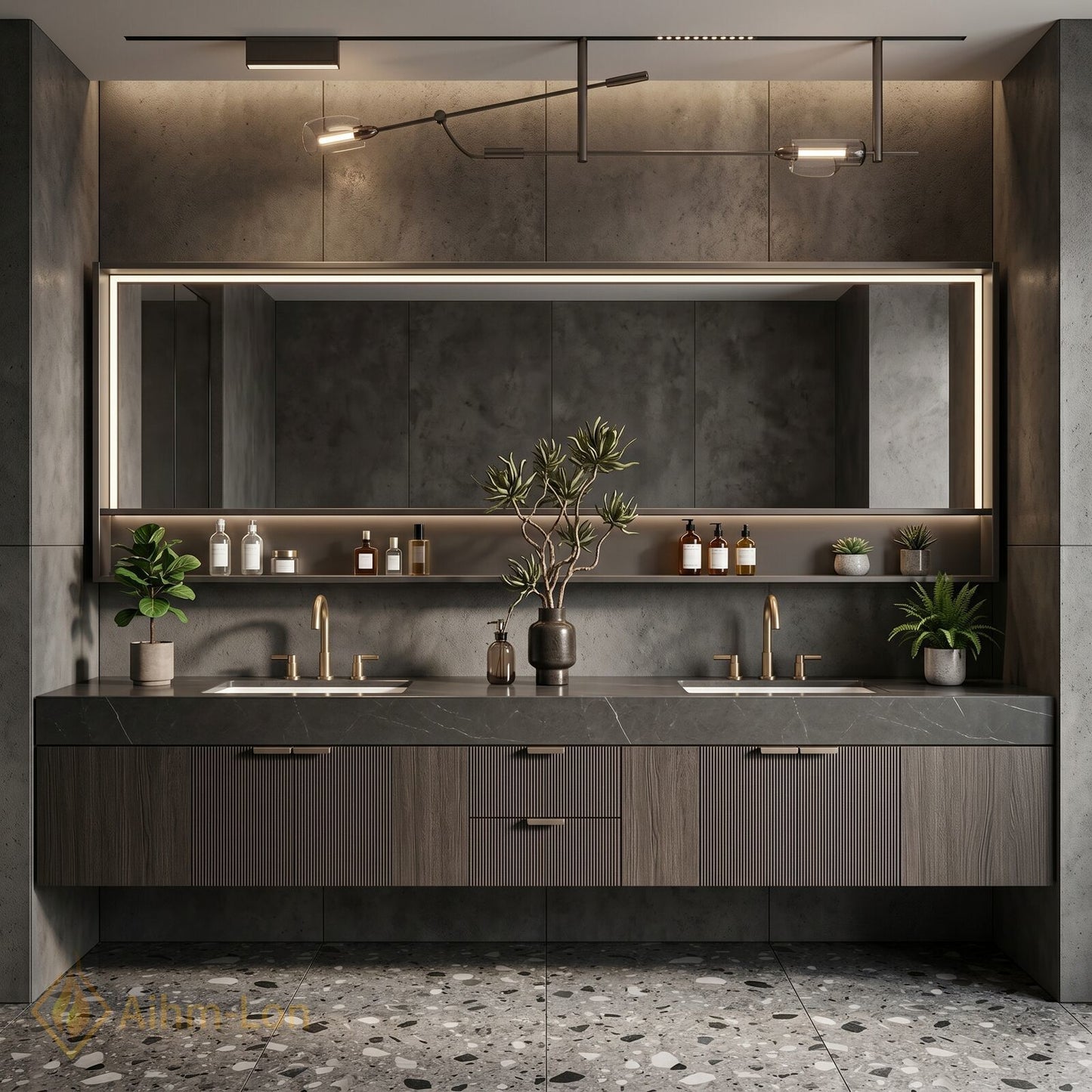 72''-96'' Bathroom Vanity with Sink Vertical Slatted Front Dark Stone Texture Top