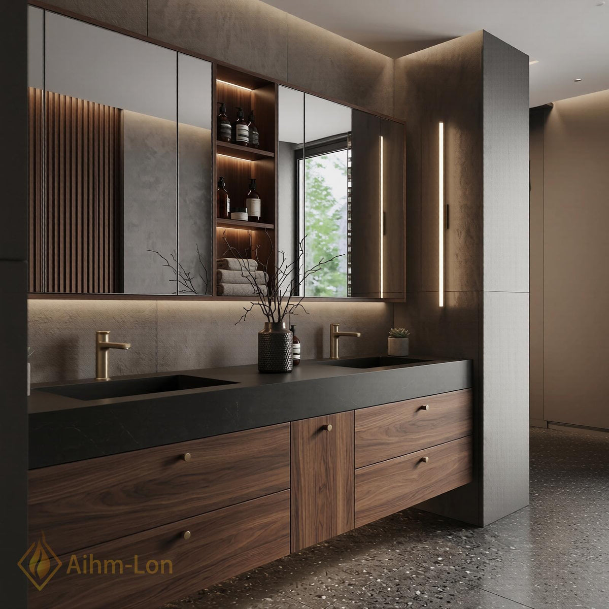 60''-96'' Double Bathroom Vanity with Sink Modern Floating Dark Walnut Open Shelving