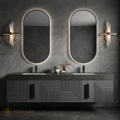 60''-96'' Double Bathroom Vanity with Sink Modern Geometric Panel Doors Dark Stone