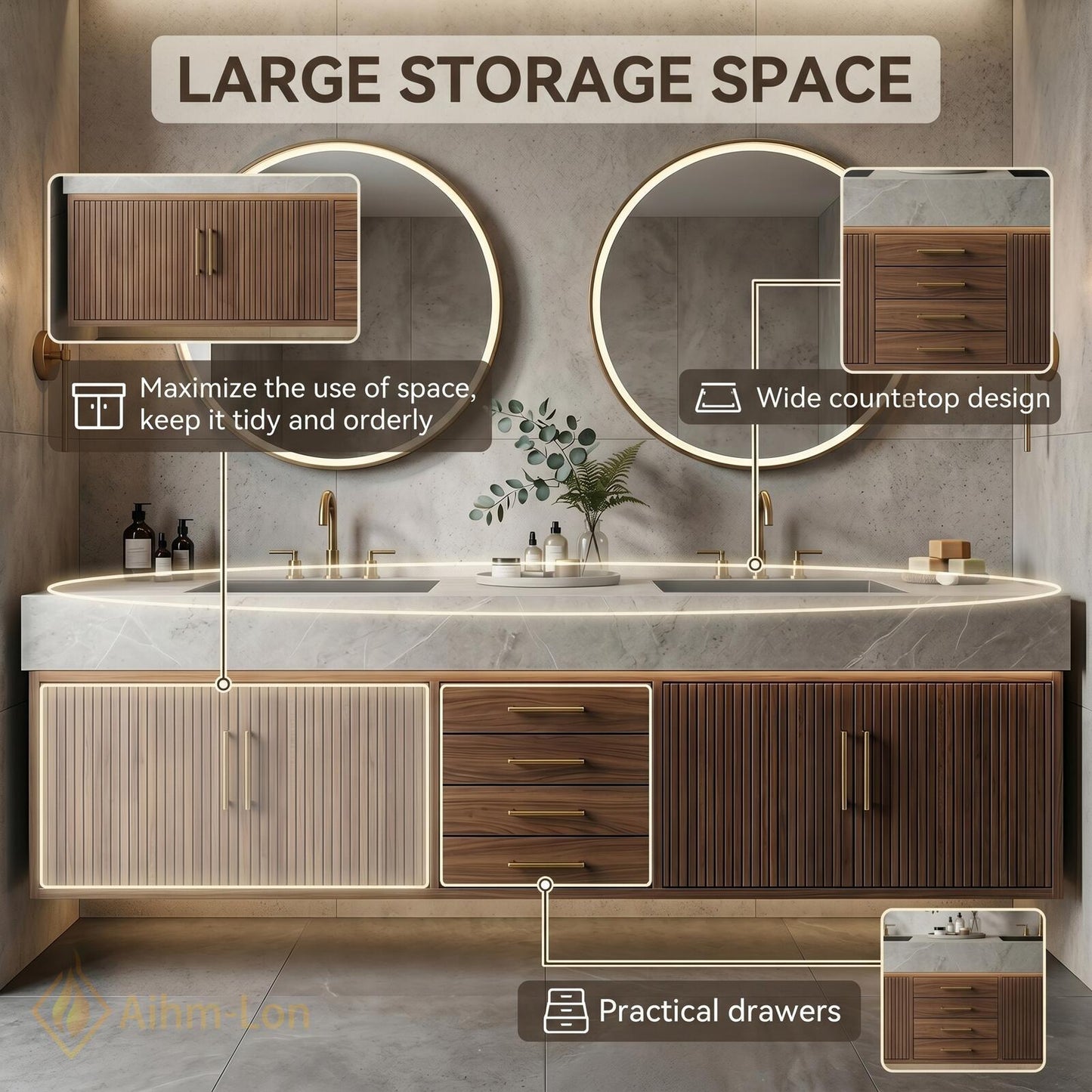 60''-96'' Double Bathroom Vanity with Sink Dark-Walnut Modern Floating Center Shelving