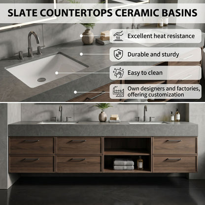 60''-96'' Modern Bathroom Vanity with Sink Double Sink Dark Wood Grain Center Open Shelf