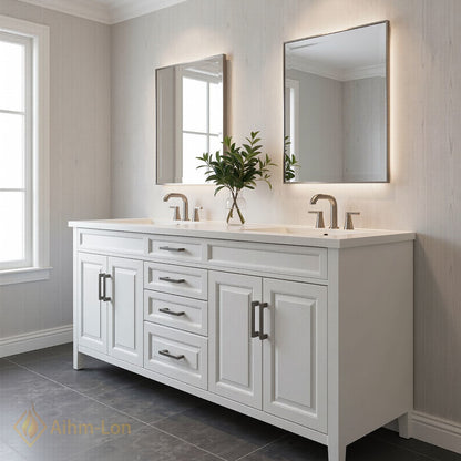 70''-96'' Refined Bathroom Vanity with Sink Crisp White Double Sink Raised Panel