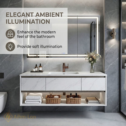 36''-64'' Modern Bathroom Vanity with Sink White Marble Floating Smart Digital Mirror
