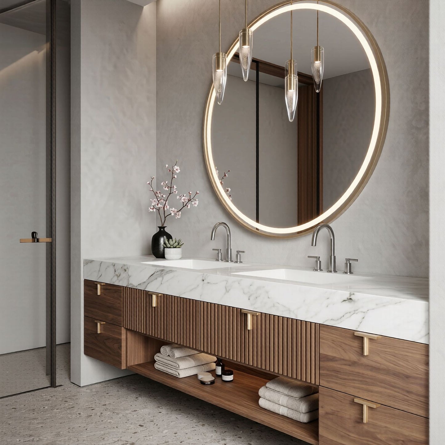 60''-96'' Modern Bathroom Vanity with Sink Floating Wood Grain Front Marble Top