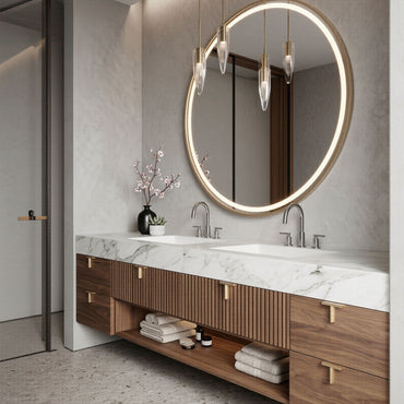 60''-96'' Modern Bathroom Vanity with Sink Floating Wood Grain Front Marble Top
