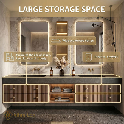 60''-96'' Double Bathroom Vanity with Sink Slatted Wood Warm Finish Open Shelving