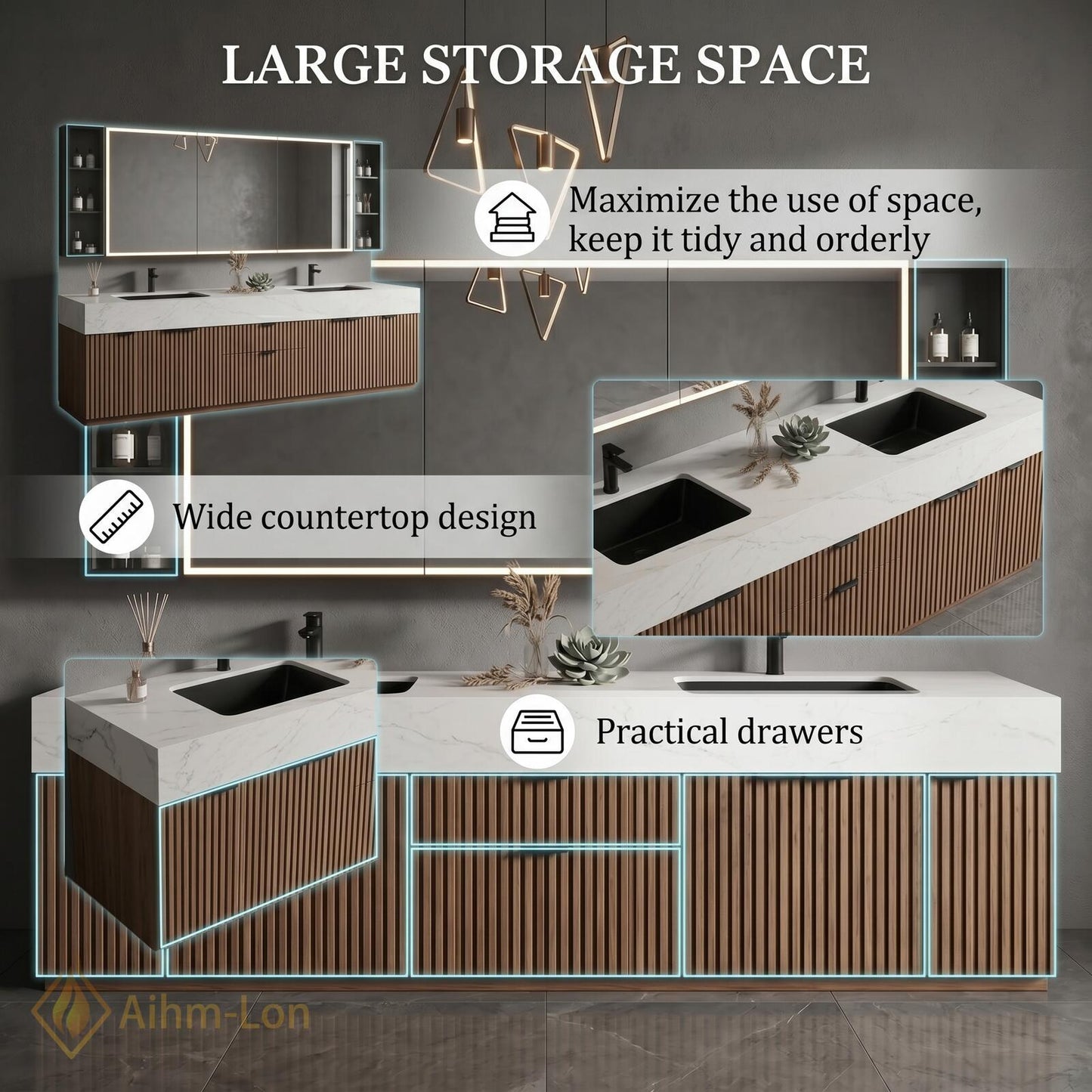 72''-96'' Double Bathroom Vanity with Sink White Modern Marble-Top Mirror Vertical