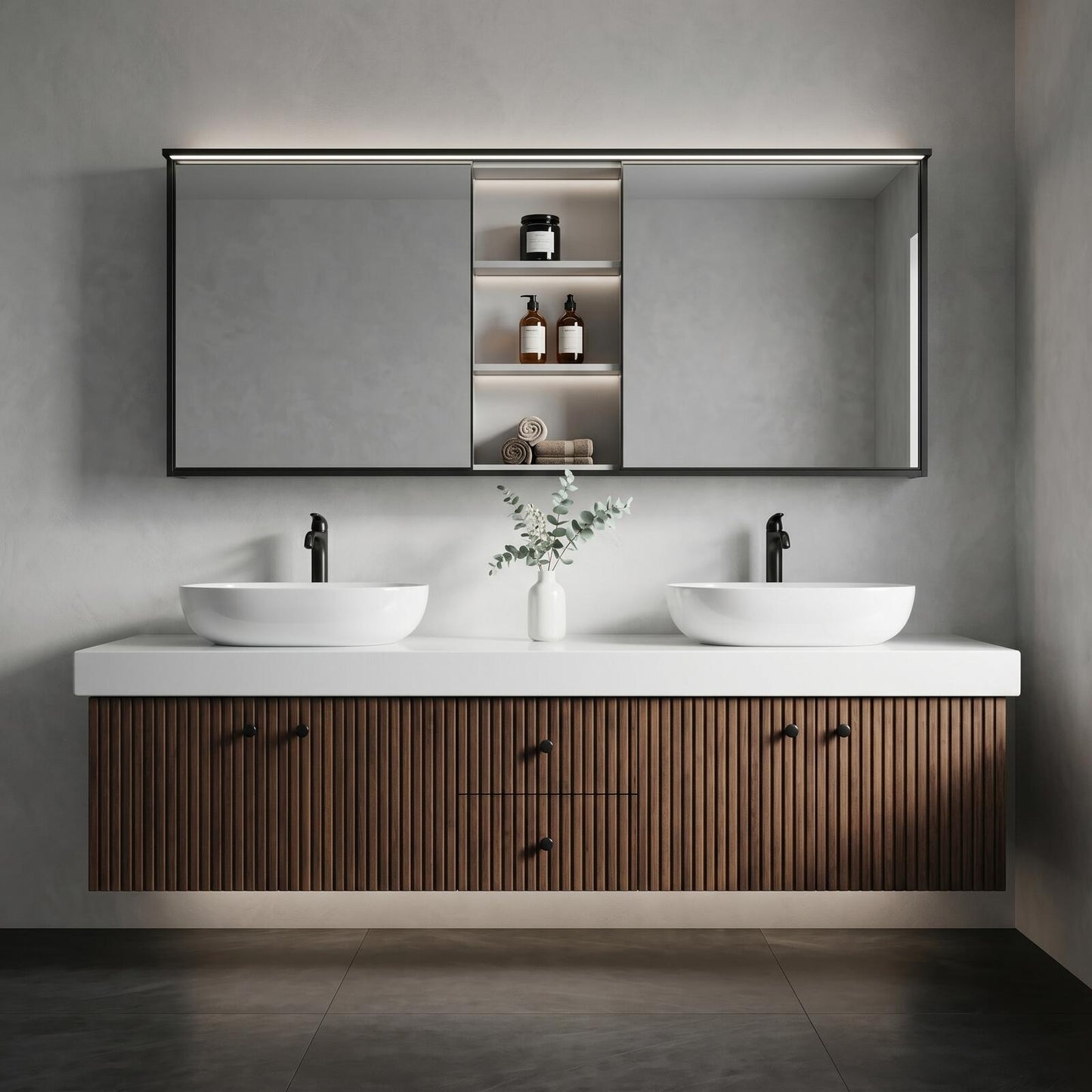 60''-96'' Modern Bathroom Vanity with Sink Dual Vessel Sinks Vertical Slatted Dark Cabinet