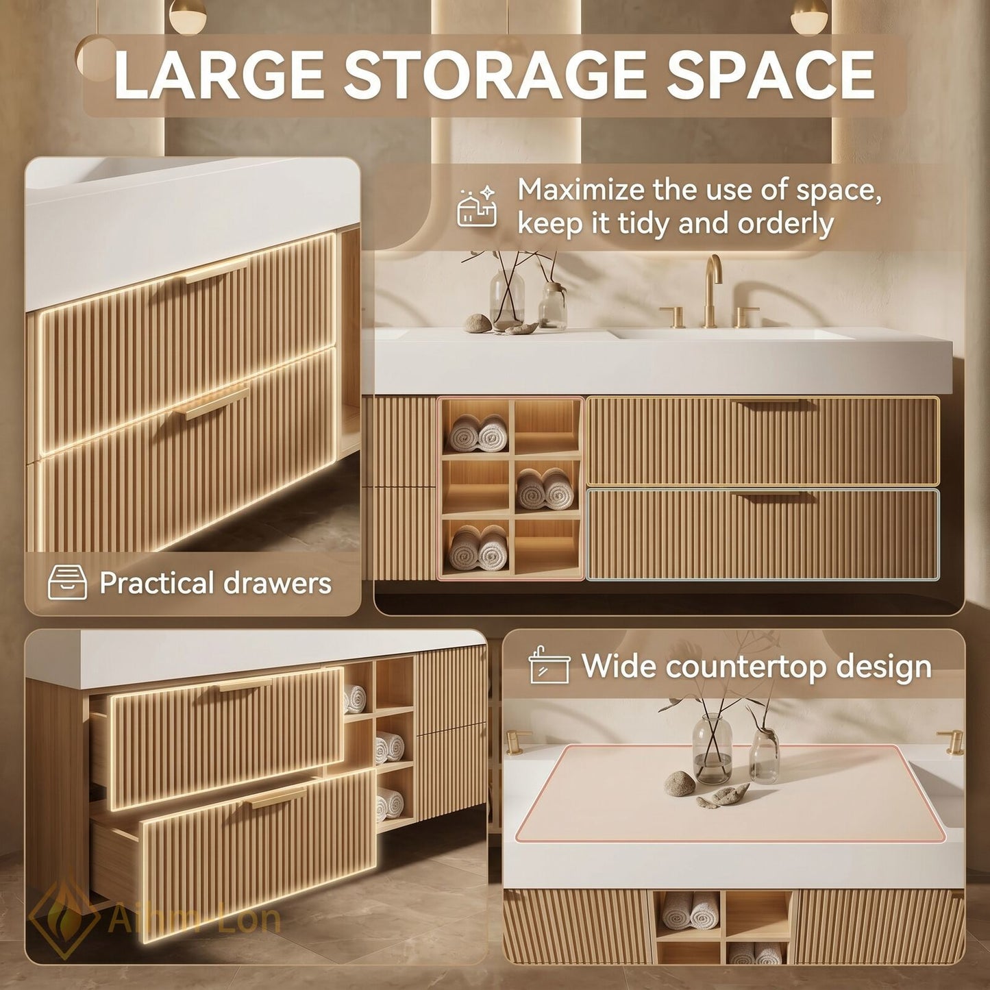 60''-96'' Double Bathroom Vanity with Sink Ribbed Wood Texture Front Open Shelving