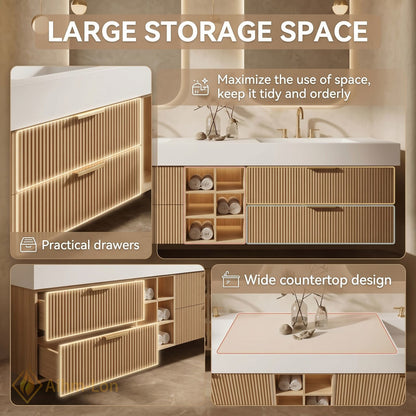 60''-96'' Double Bathroom Vanity with Sink Ribbed Wood Texture Front Open Shelving