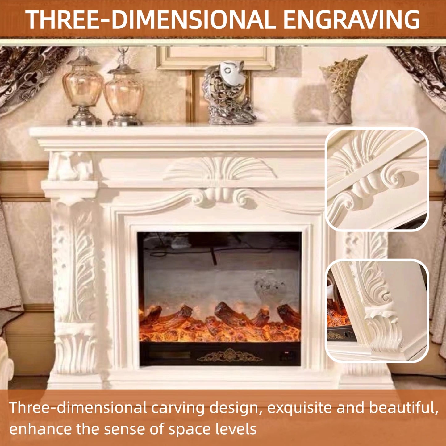 Aihm-Lon Electric Fireplace Includes Vintage Carving with White Realistic Flame 59”