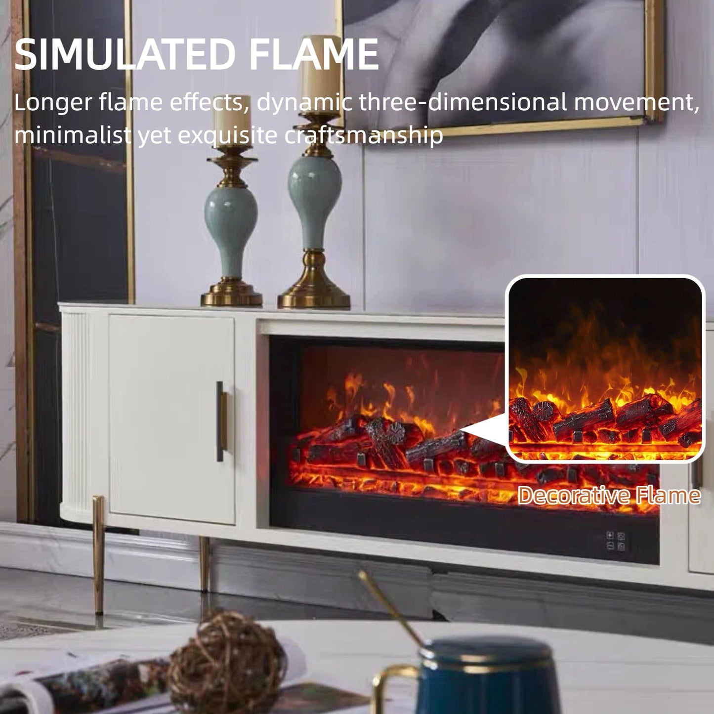 Aihm-Lon Electric Fireplace with White Storage Decorative Faux Real Flame 79”