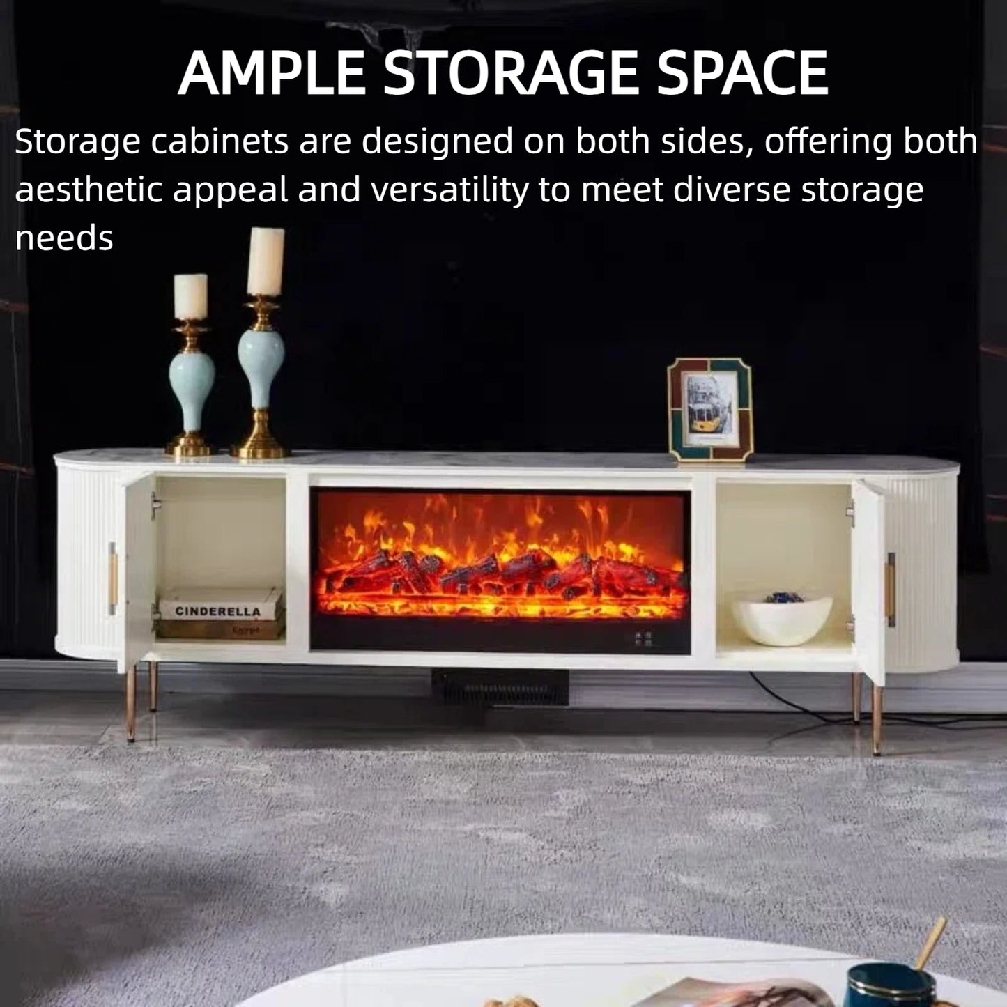 Aihm-Lon Electric Fireplace with White Storage Decorative Faux Real Flame 79”