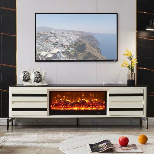 Aihm-Lon Striped Electric Fireplace with 4 White Storage Drawer 79”