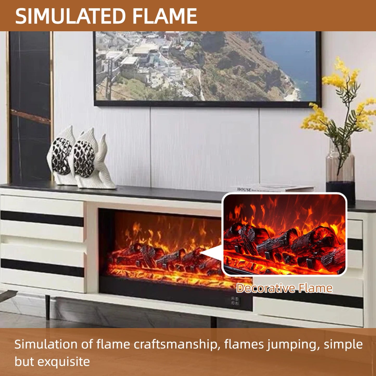 Aihm-Lon Striped Electric Fireplace with 4 White Storage Drawer 79”