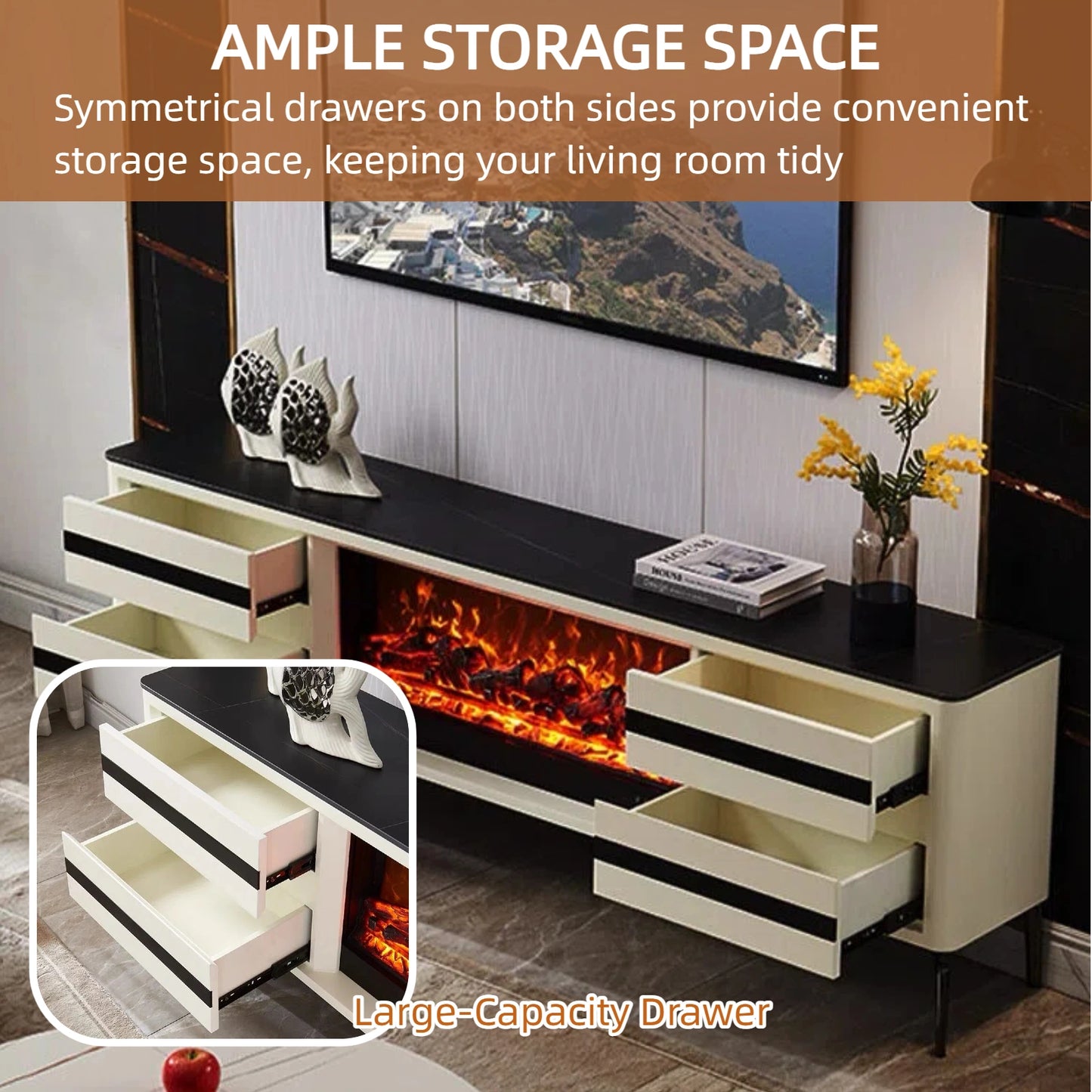 Aihm-Lon Striped Electric Fireplace with 4 White Storage Drawer 79”