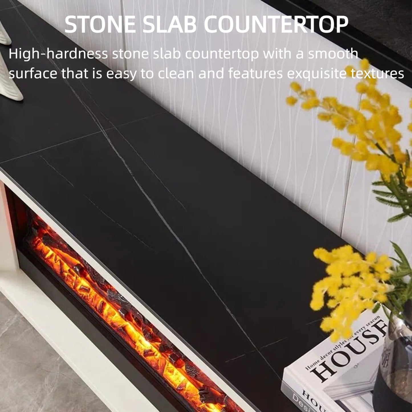 Aihm-Lon Striped Electric Fireplace with 4 White Storage Drawer 79”