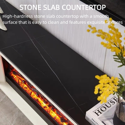 Aihm-Lon Striped Electric Fireplace with 4 White Storage Drawer 79”