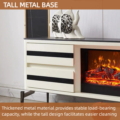 Aihm-Lon Striped Electric Fireplace with 4 White Storage Drawer 79”