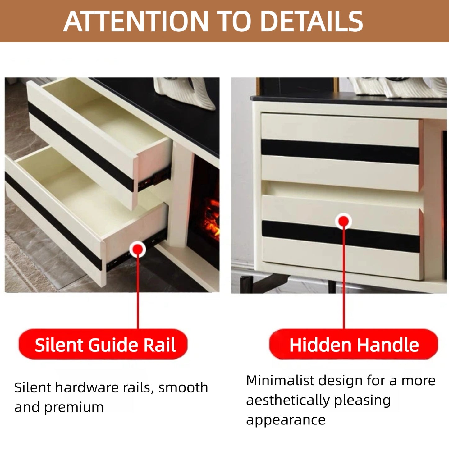 Aihm-Lon Striped Electric Fireplace with 4 White Storage Drawer 79”