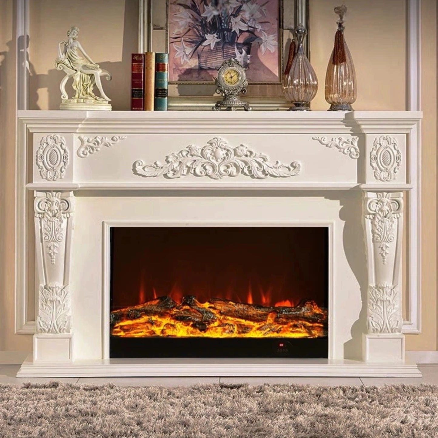 Aihm-Lon Retro Electric Fireplace Includes White Luxury Relief and Double-Column 59”-79”