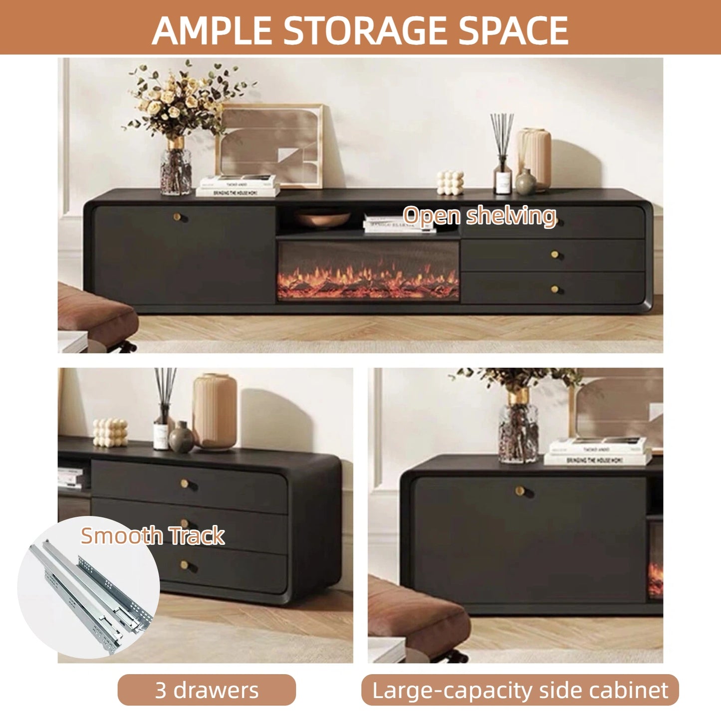 Aihm-Lon Indoor Electric Fireplace with Side Cabinet and 3 Drawers 79”-87"