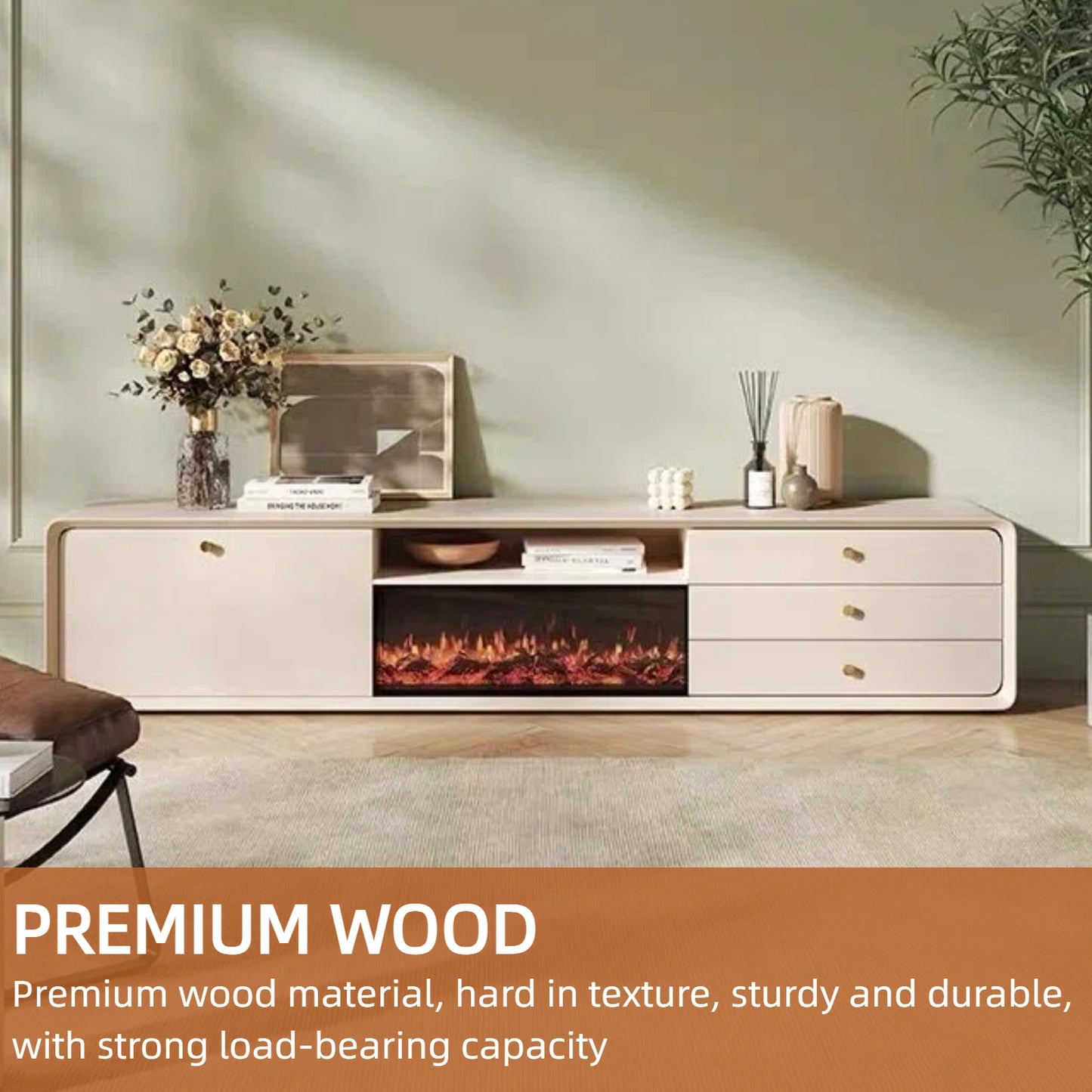 Aihm-Lon Indoor Electric Fireplace with Side Cabinet and 3 Drawers 79”-87"