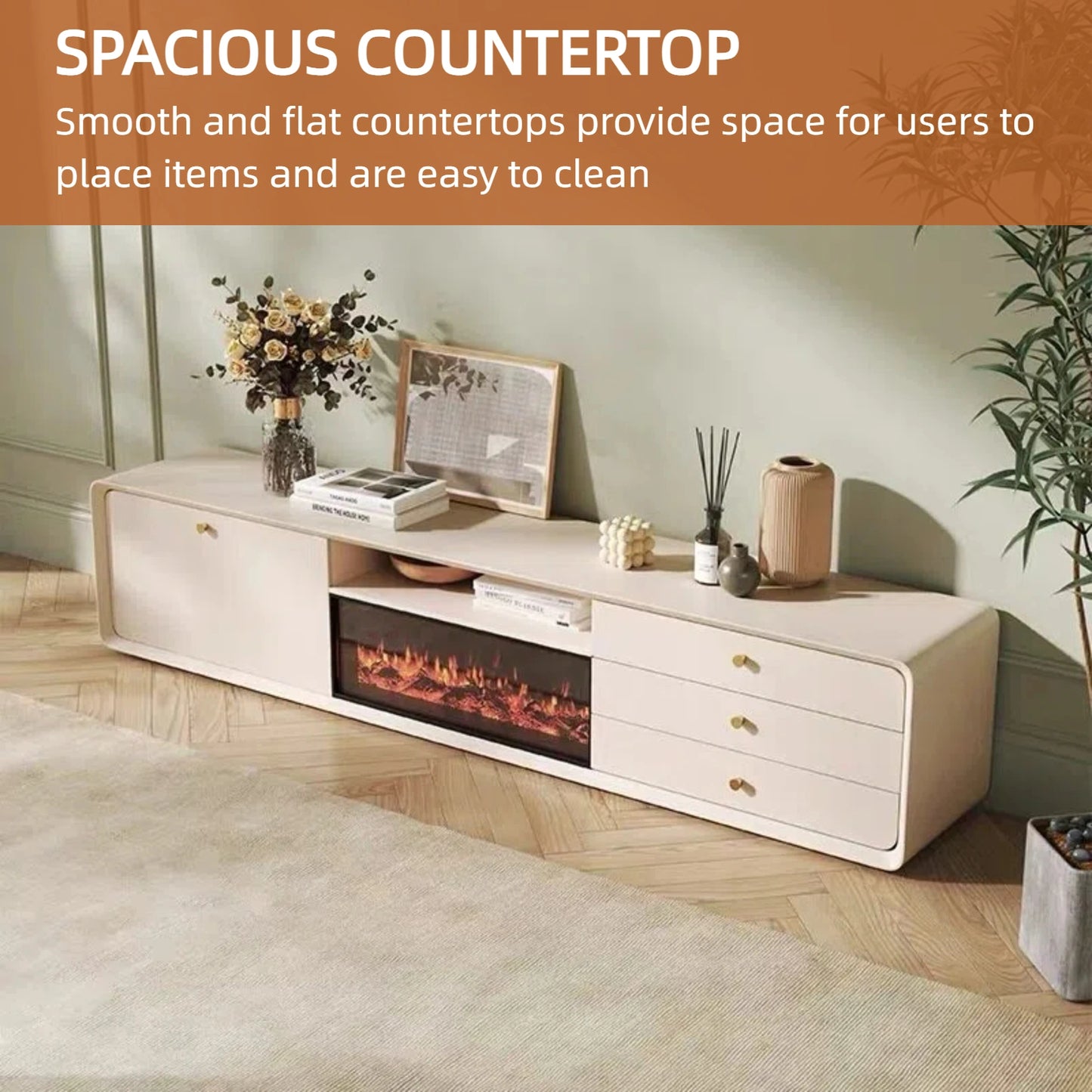 Aihm-Lon Indoor Electric Fireplace with Side Cabinet and 3 Drawers 79”-87"