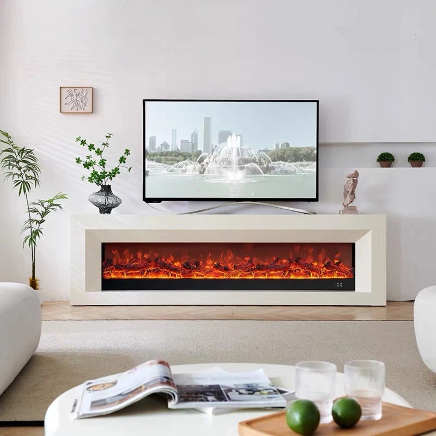 Aihm-Lon White Electric Fireplace with Realistic Decorative Flame 79”-95”