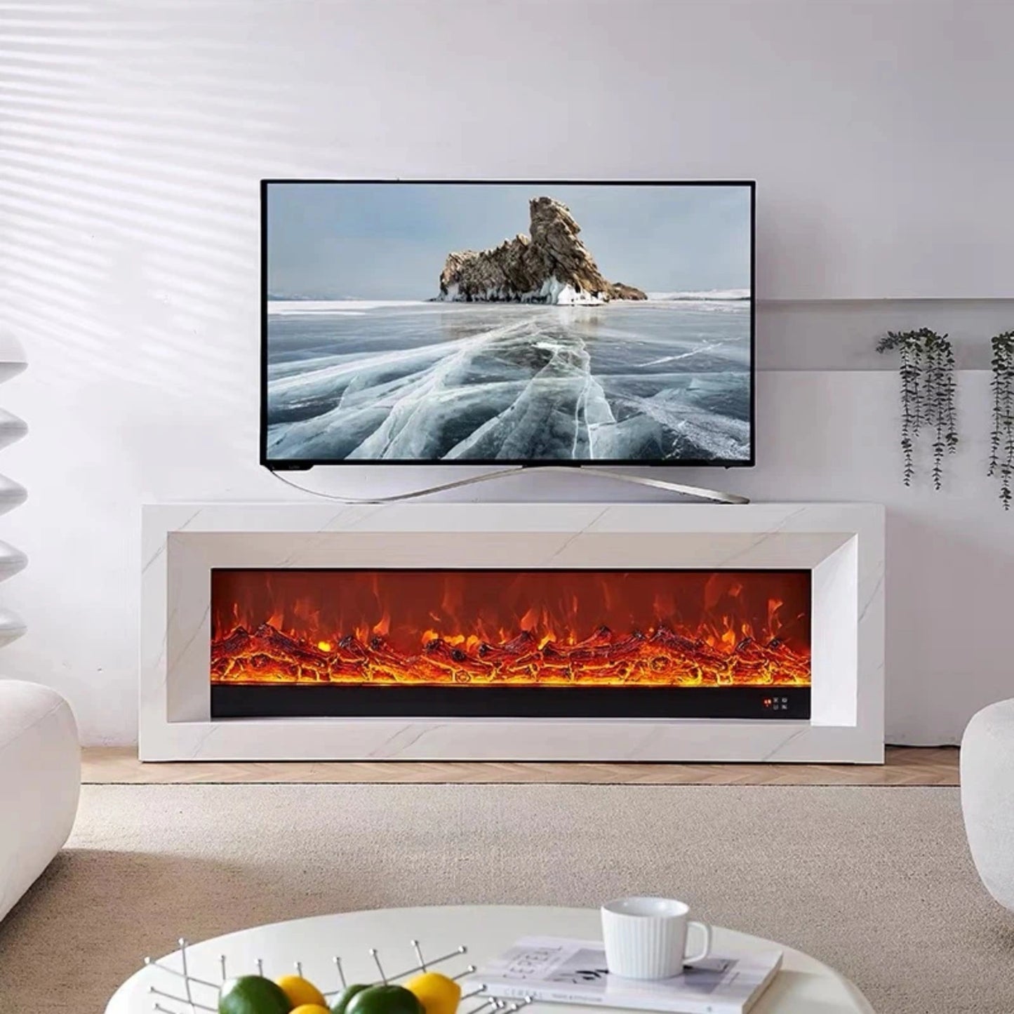 Aihm-Lon White Electric Fireplace with Realistic Decorative Flame 79”-95”