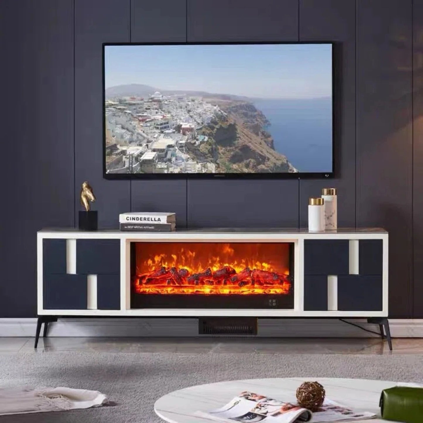Aihm-Lon Electric Fireplace Includes Grey Geometric Splicing Design 71”