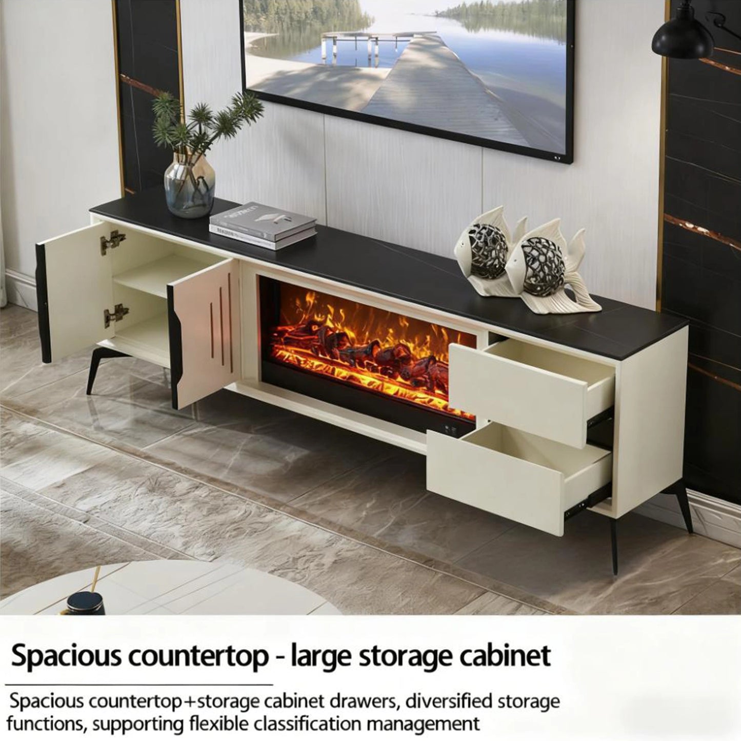 Aihm-Lon Electric Fireplace with Realistic Flame and 2 Storage Drawers 79”