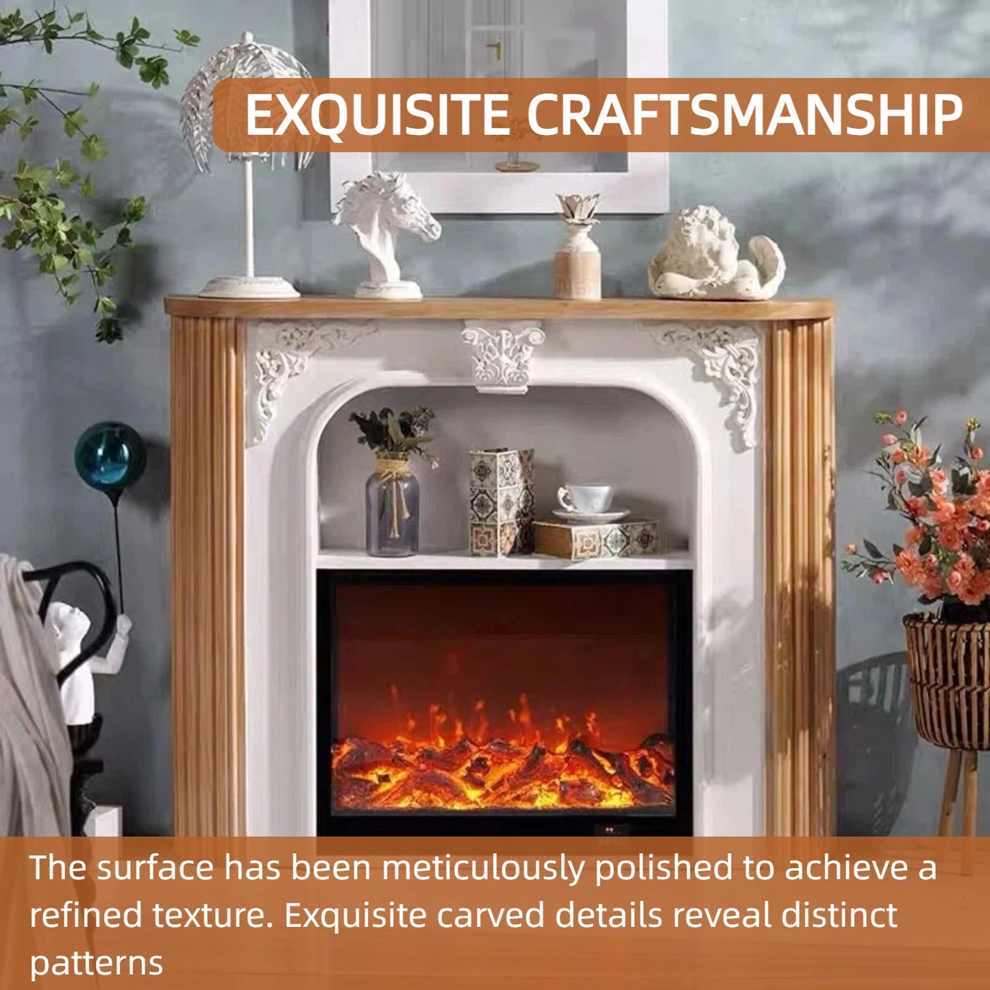 Aihm-Lon Tall Electric Fireplace Includes Rustic Vintage Carving 43”