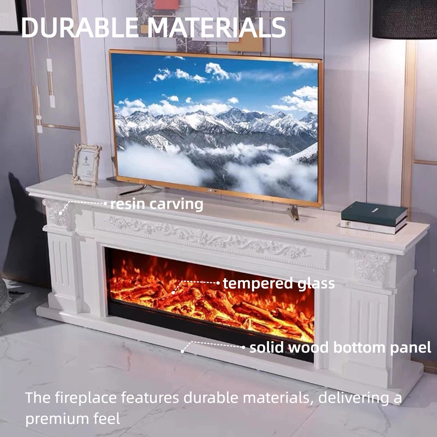 Aihm-Lon Electric Fireplace with White European Carving Includes Faux Flame Insert 79”