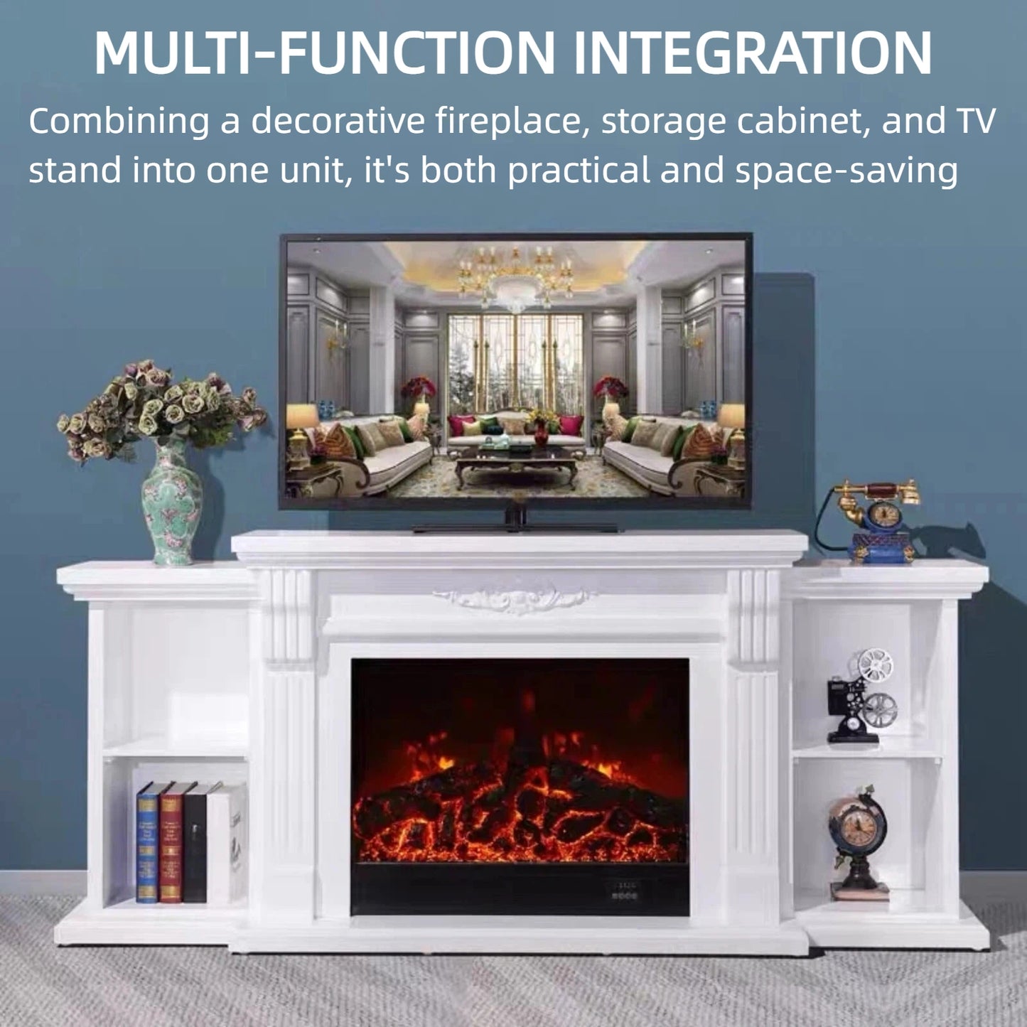 Aihm-Lon Tall Electric Fireplace Includes Open Storage Cabinet 71”