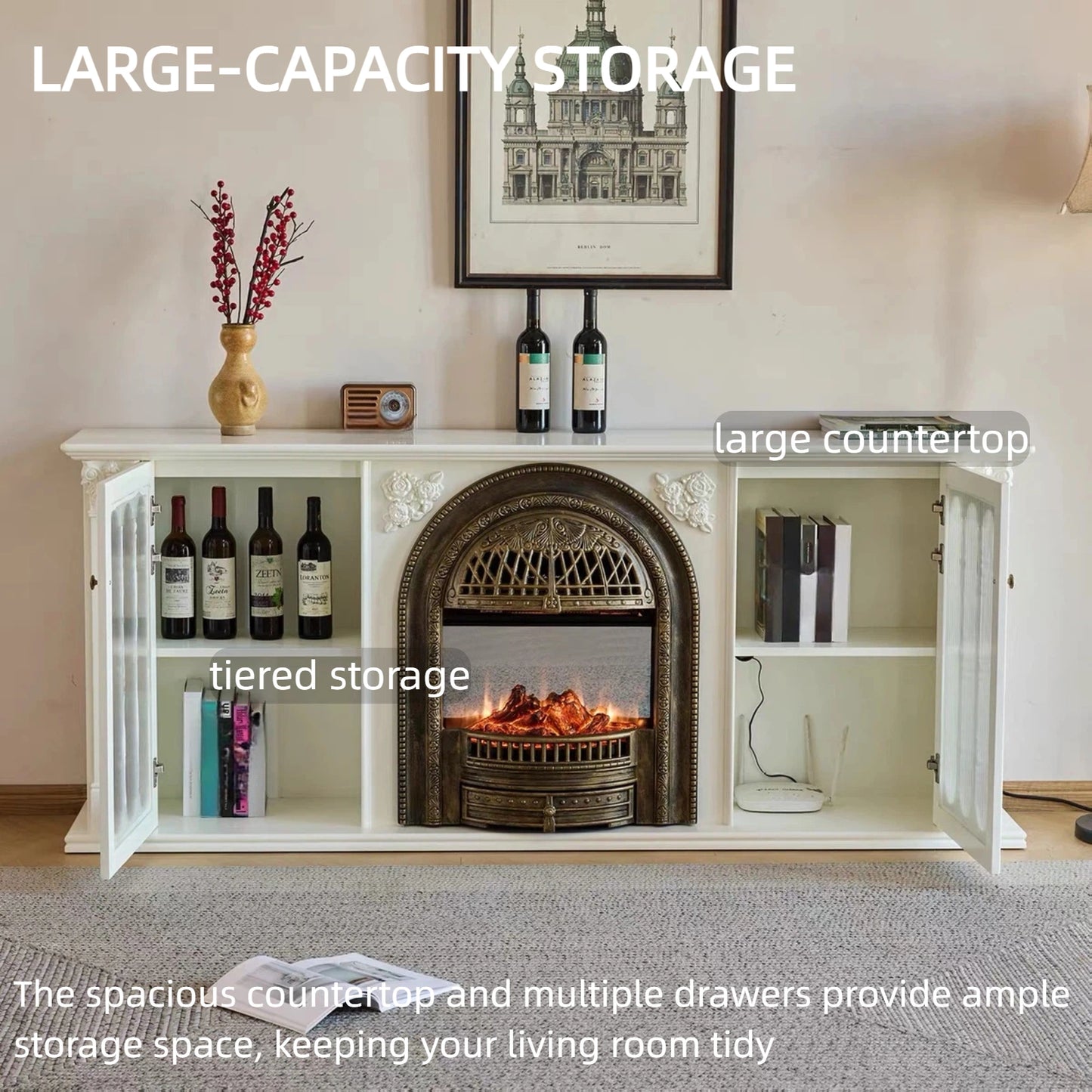 Aihm-Lon Spacious Electric Fireplace Includes Birdcage Heating Firebox 71”-95”