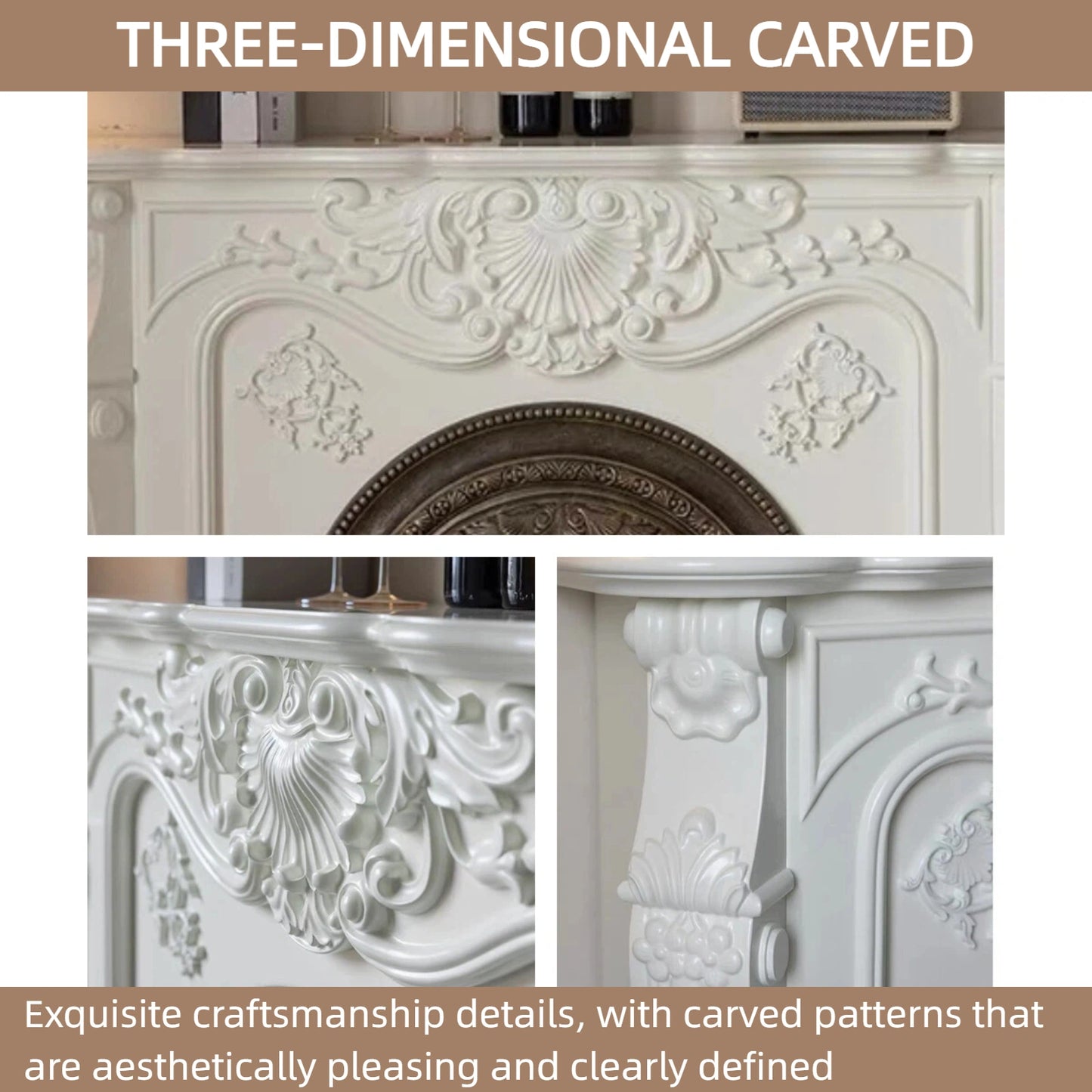 Aihm-Lon Electric Fireplace with Real Flame Insert and White Carving 43”-59”