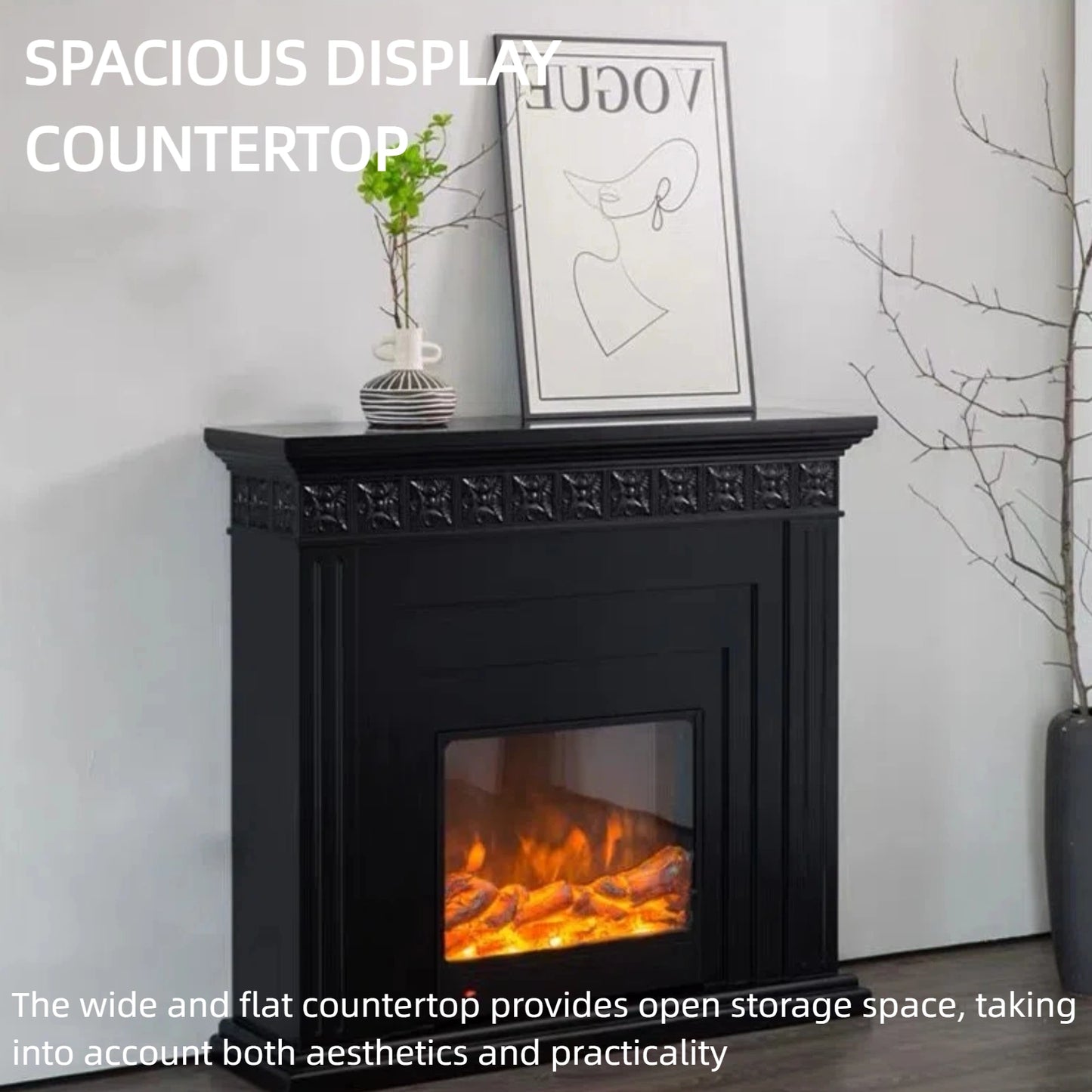 Aihm-Lon Exquisite Electric Fireplace Includes Black Carved & Layered Lines 47”